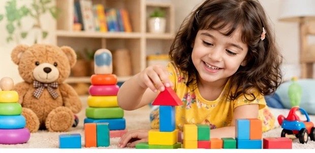 Smiling young girl stacking colourful blocks next to a teddy bear and rainbow stacking rings, Mini Merry toys